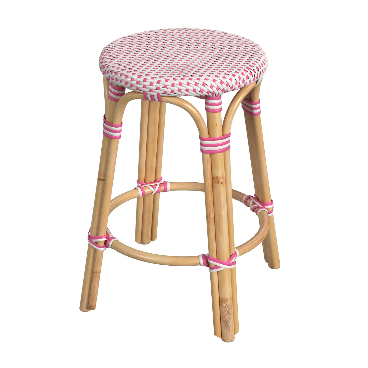 Tobias Rattan Round 24" Counter Stool in White and Pink Dot 9371428