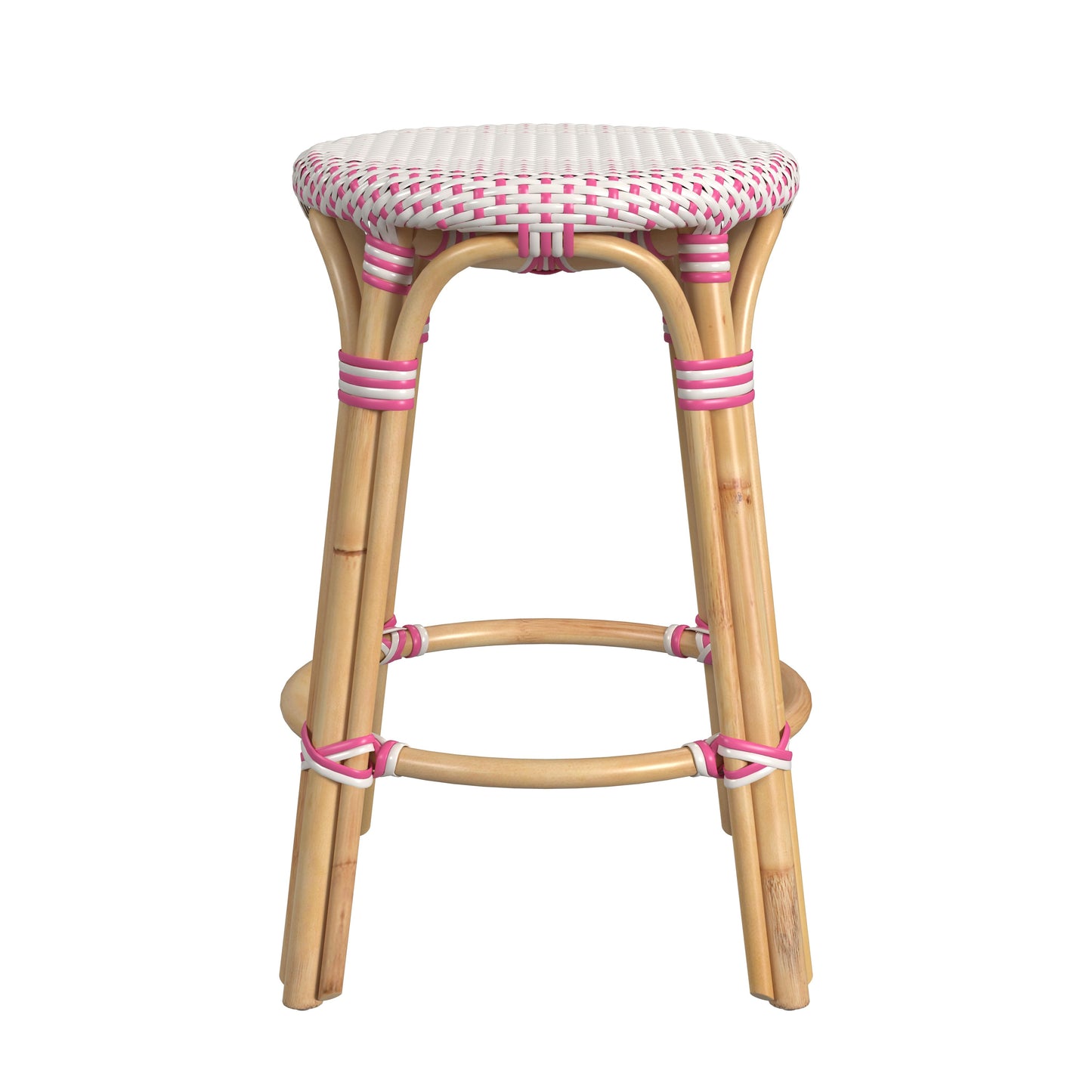 Tobias Rattan Round 24" Counter Stool in White and Pink Dot 9371428