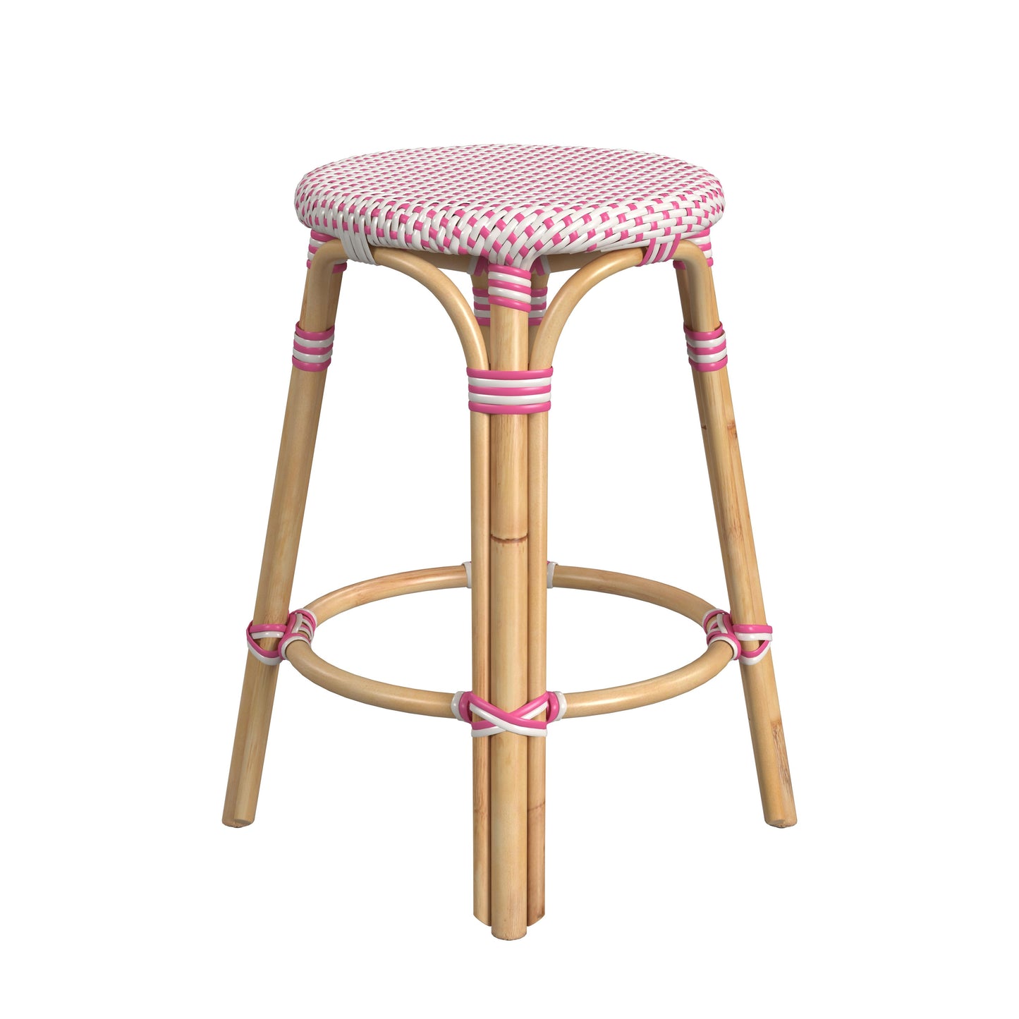 Tobias Rattan Round 24" Counter Stool in White and Pink Dot 9371428