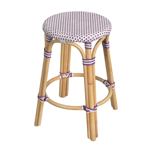 Tobias Rattan Round 24" Counter Stool in White and Purple Dot 9371429