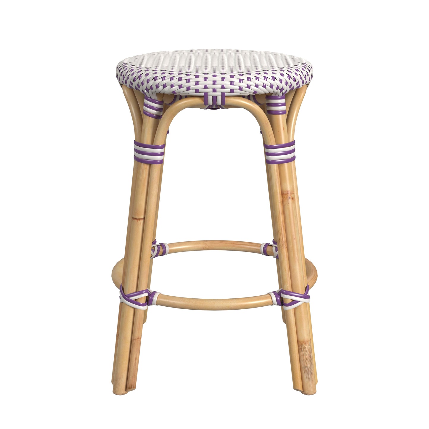 Tobias Rattan Round 24" Counter Stool in White and Purple Dot 9371429