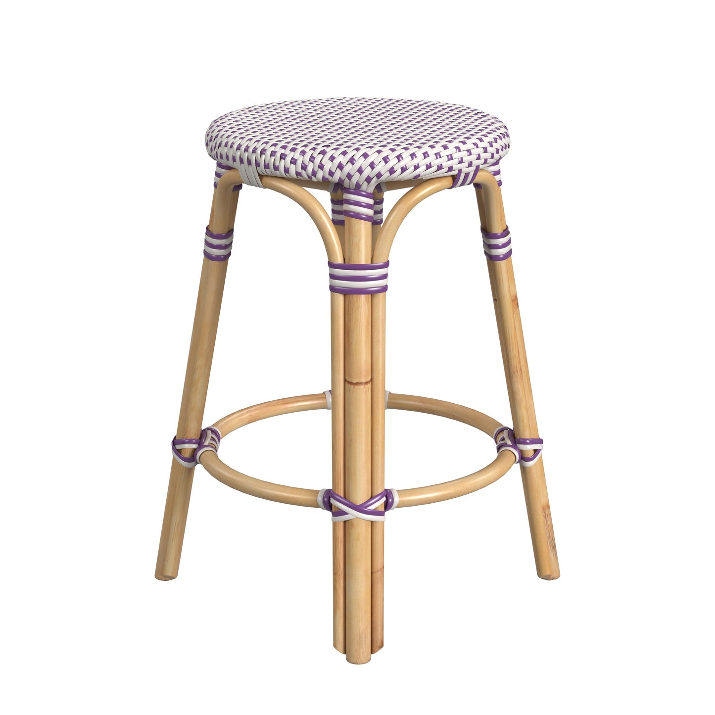 Tobias Rattan Round 24" Counter Stool in White and Purple Dot 9371429