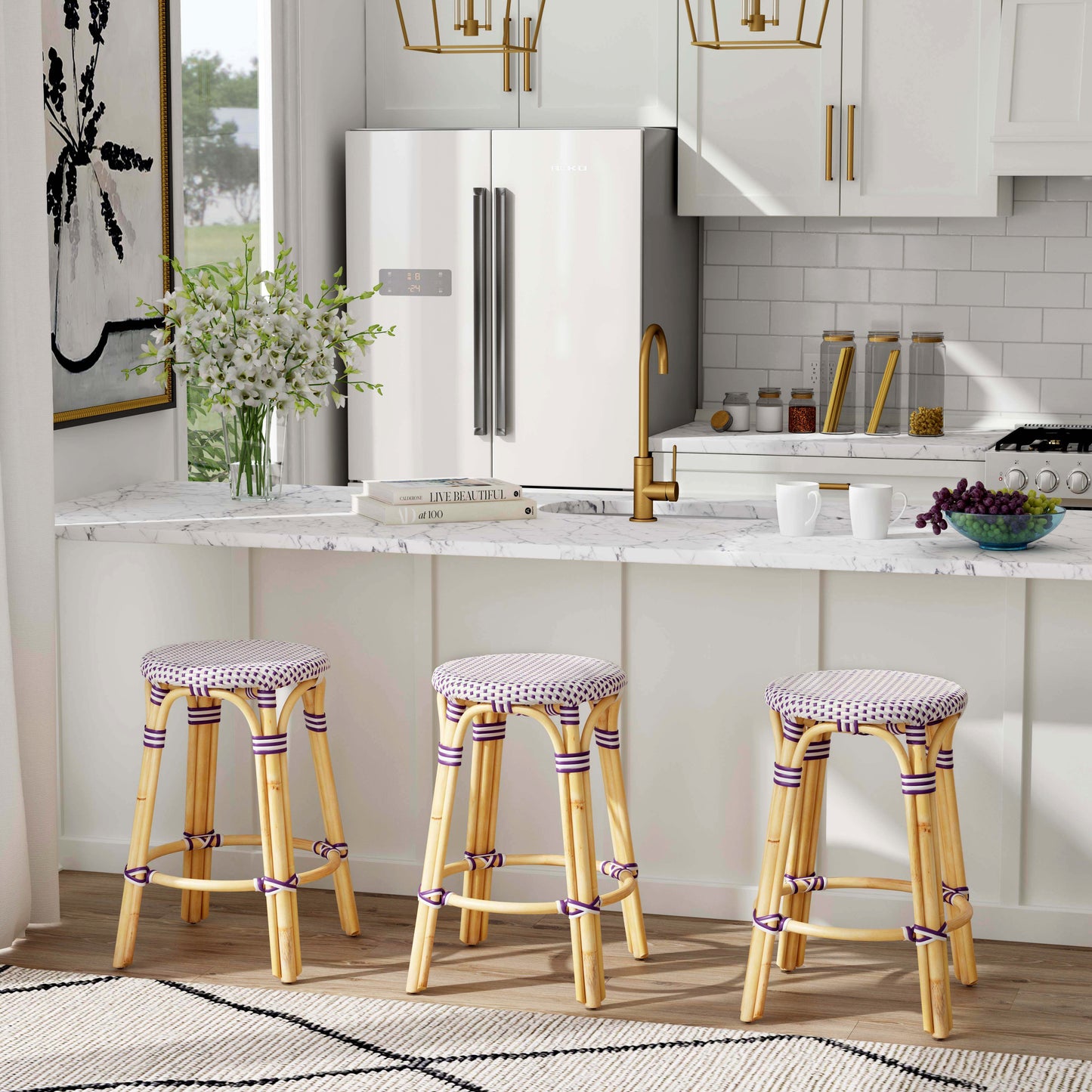 Tobias Rattan Round 24" Counter Stool in White and Purple Dot 9371429