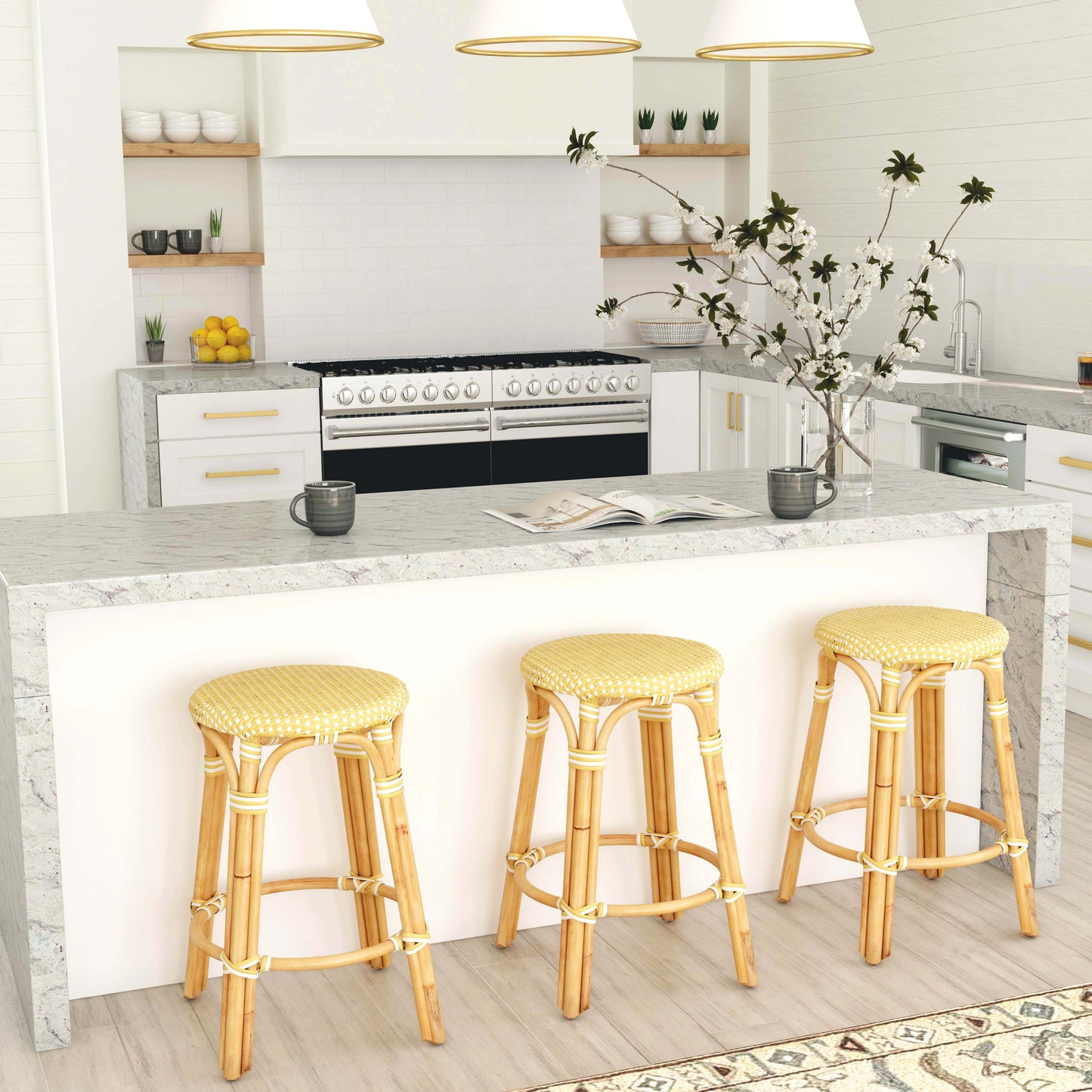 Tobias Rattan Round 24" Counter Stool in Yellow and White Dot 9371431