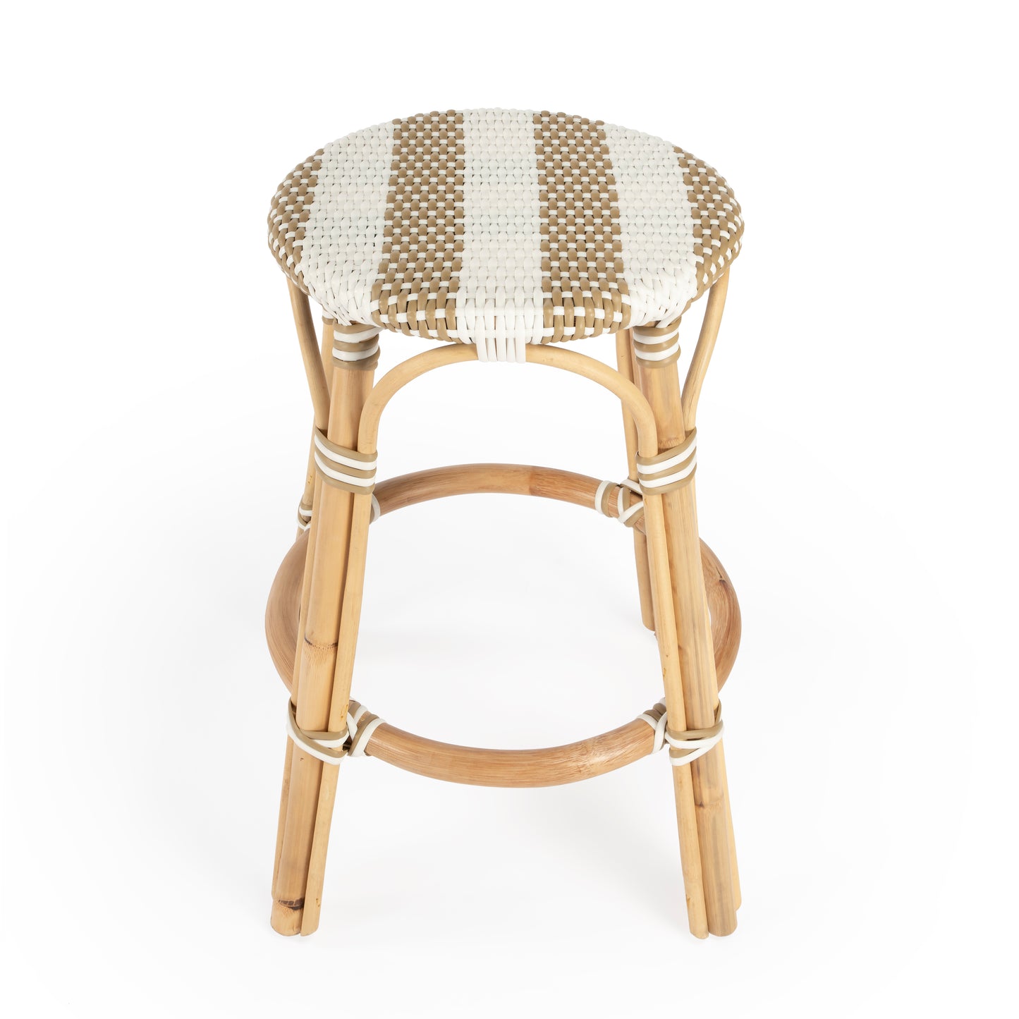 Tobias Rattan Round 24" Counter Stool in Tan and White Stripe 9371984