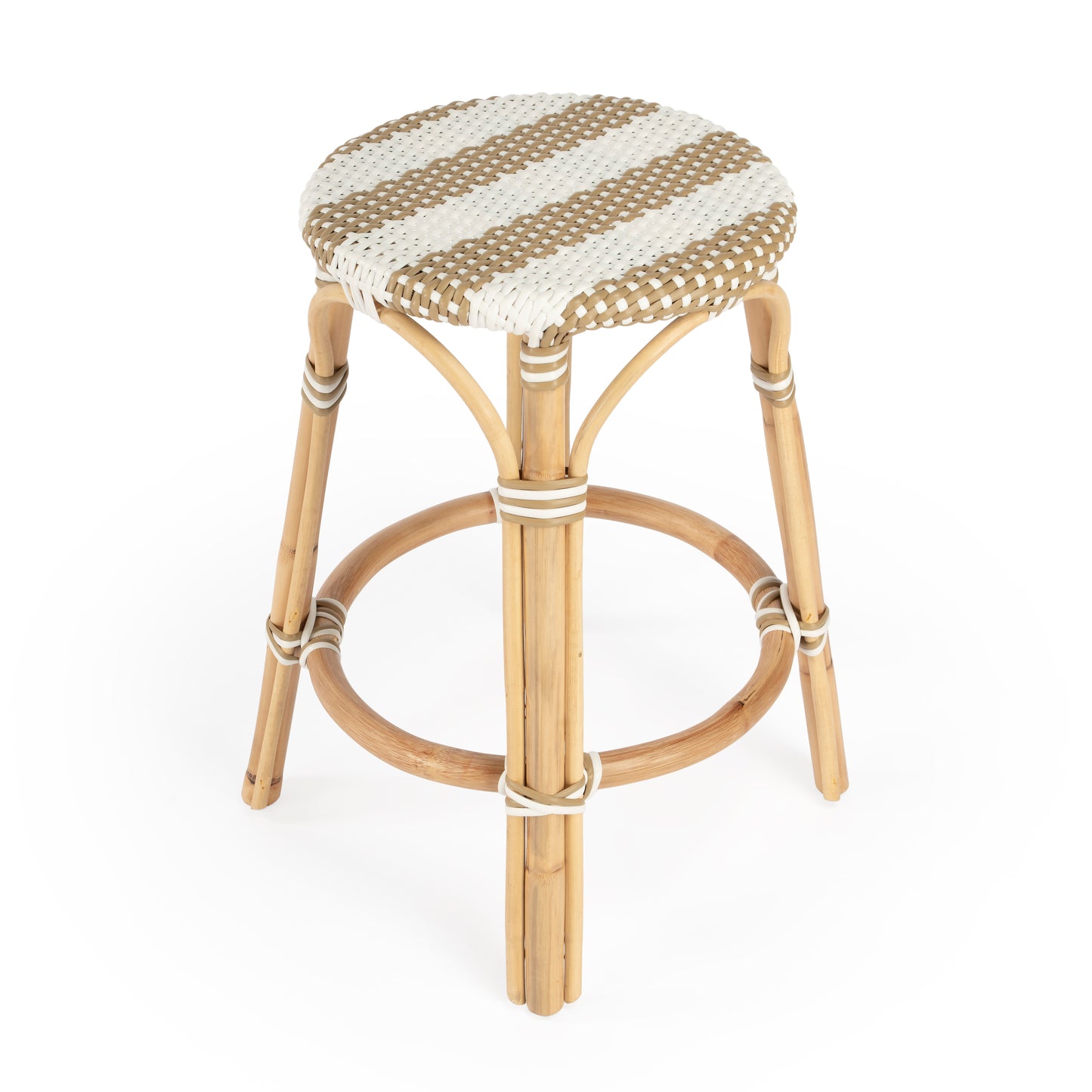 Tobias Rattan Round 24" Counter Stool in Tan and White Stripe 9371984