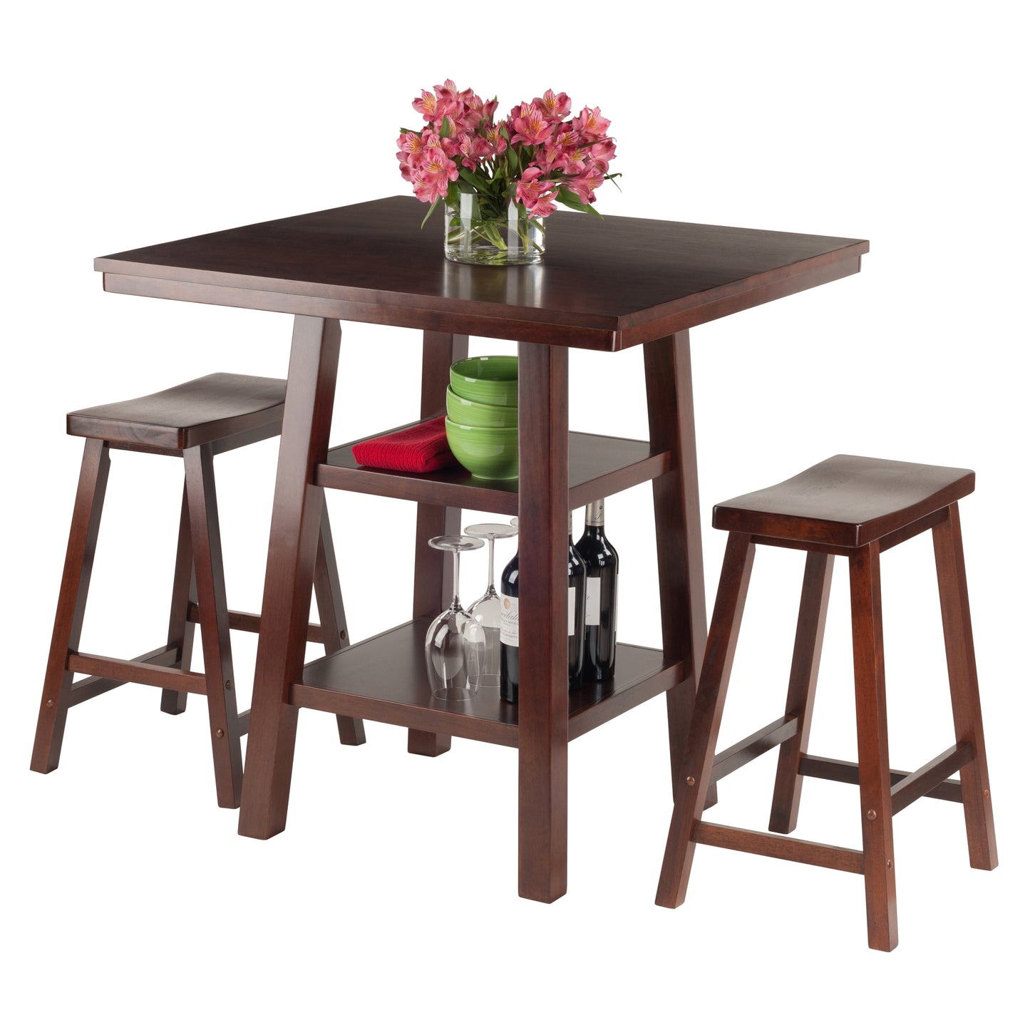 Orlando 3-Pc High Table with Saddle Seat Counter Stools, Walnut