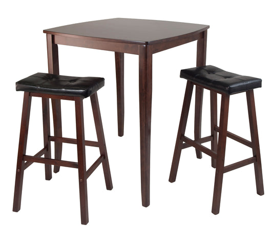 Inglewood 3-Pc High Table with Cushioned Saddle Seat Bar Stools, Walnut and Black