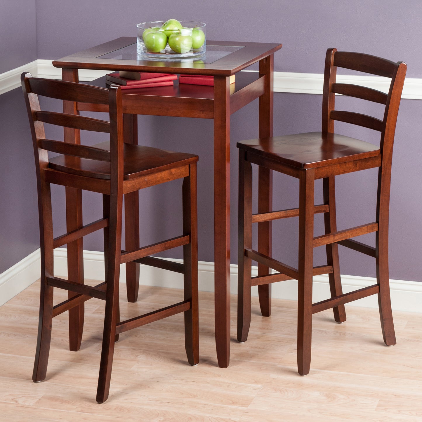 Halo 3-Pc High Table with Ladder-back Bar Stools, Walnut