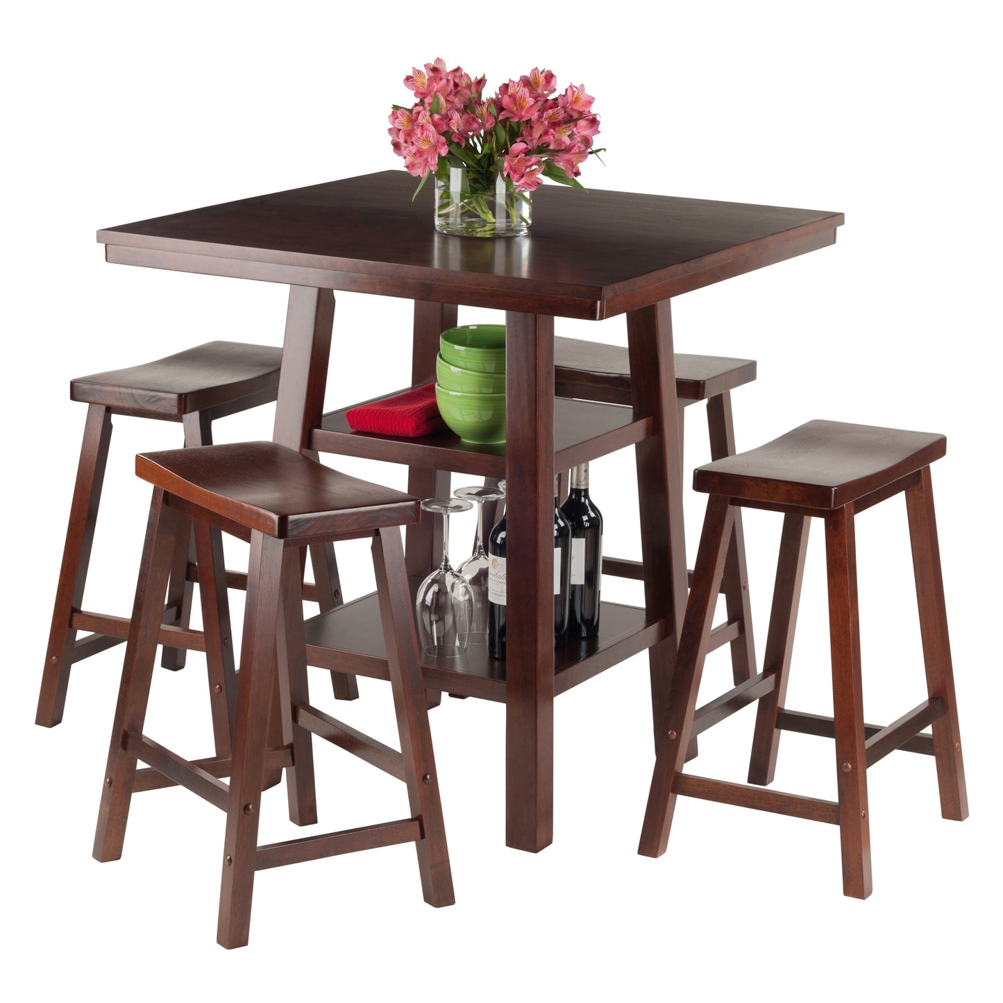 Orlando 5-Pc High Table with Saddle Seat Counter Stools, Walnut