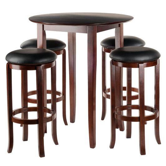 Fiona 5-Pc High Table with Cushion Swivel Seat Bar Stools, Walnut and Black