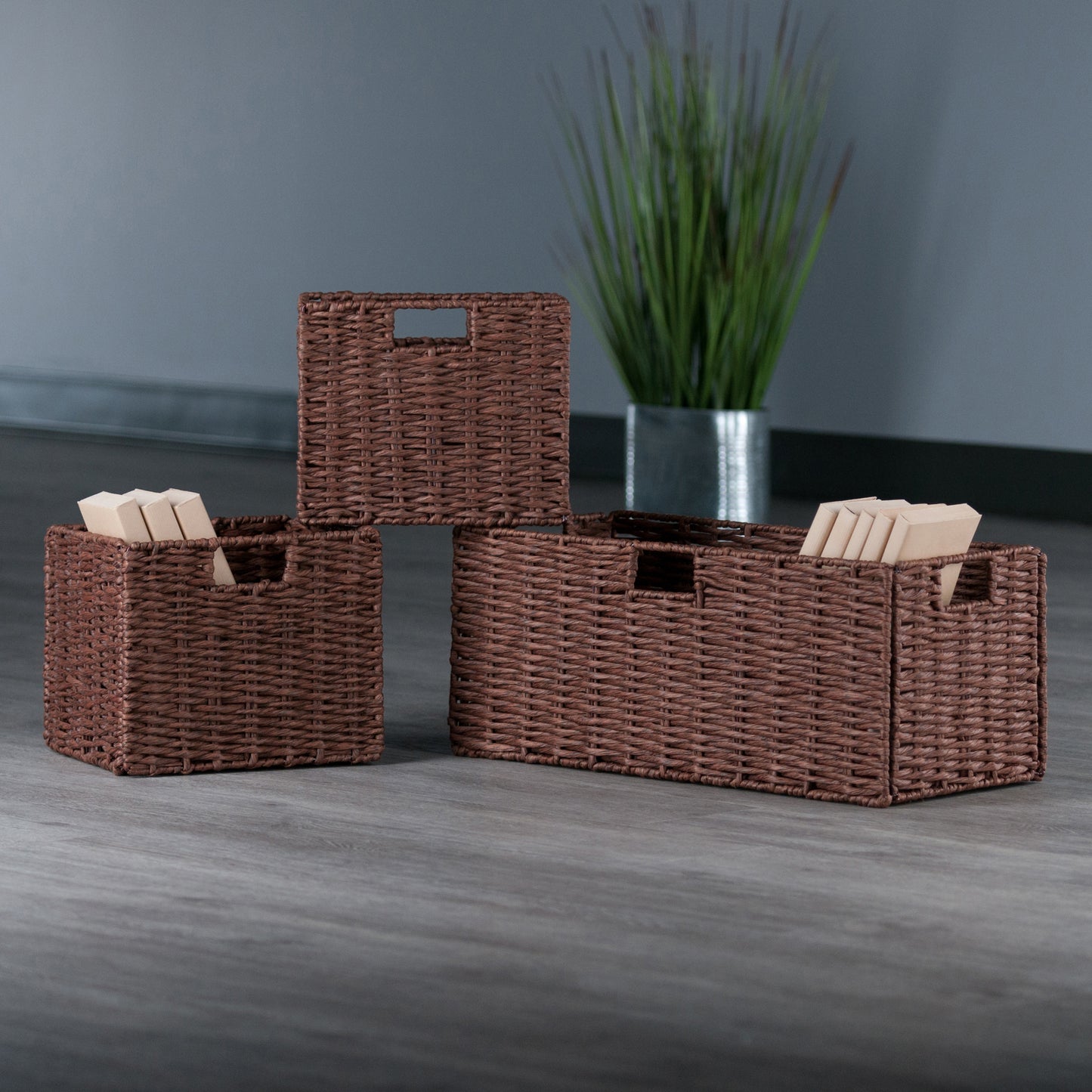 Tessa 3-Pc Foldable Woven Rope Basket Set, Walnut