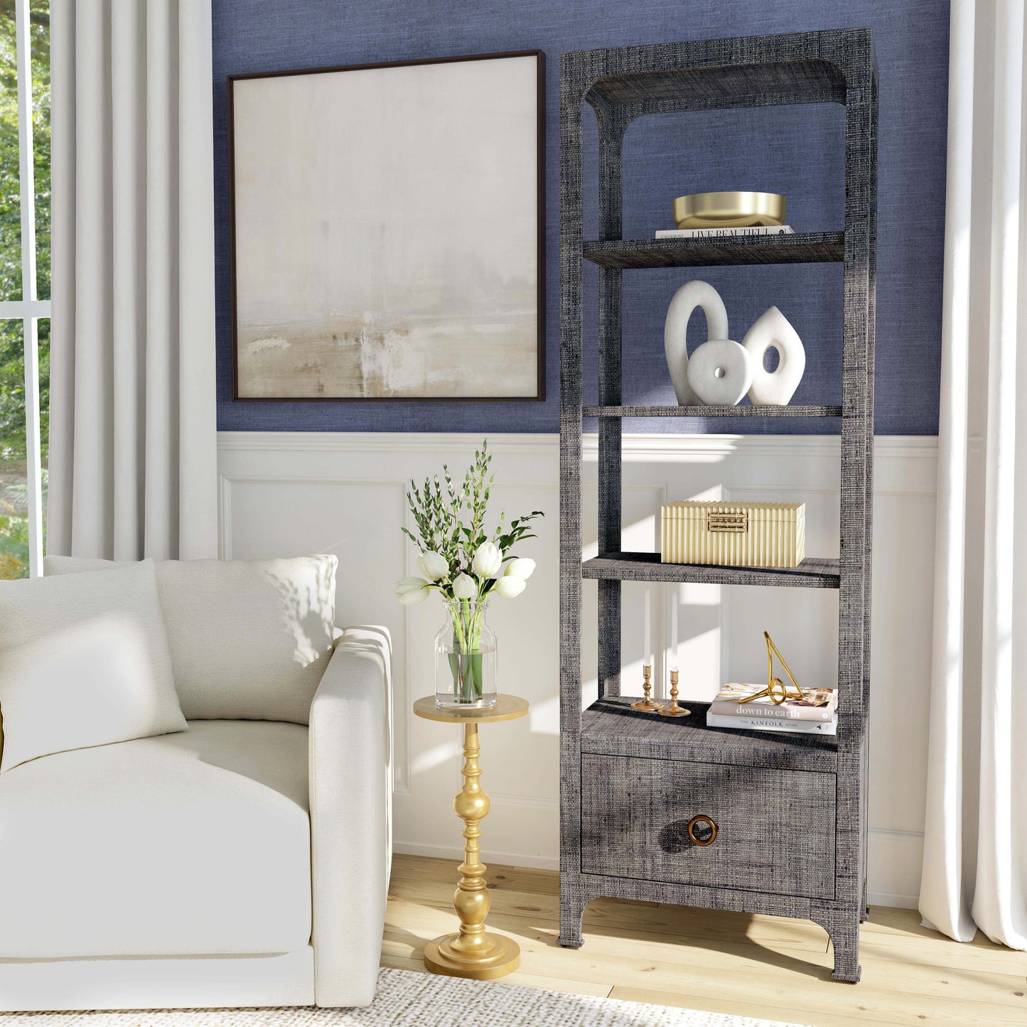 Chatham One Drawer 3 Shelf Natural Raffia Etagere Bookcase in Gray 9745420