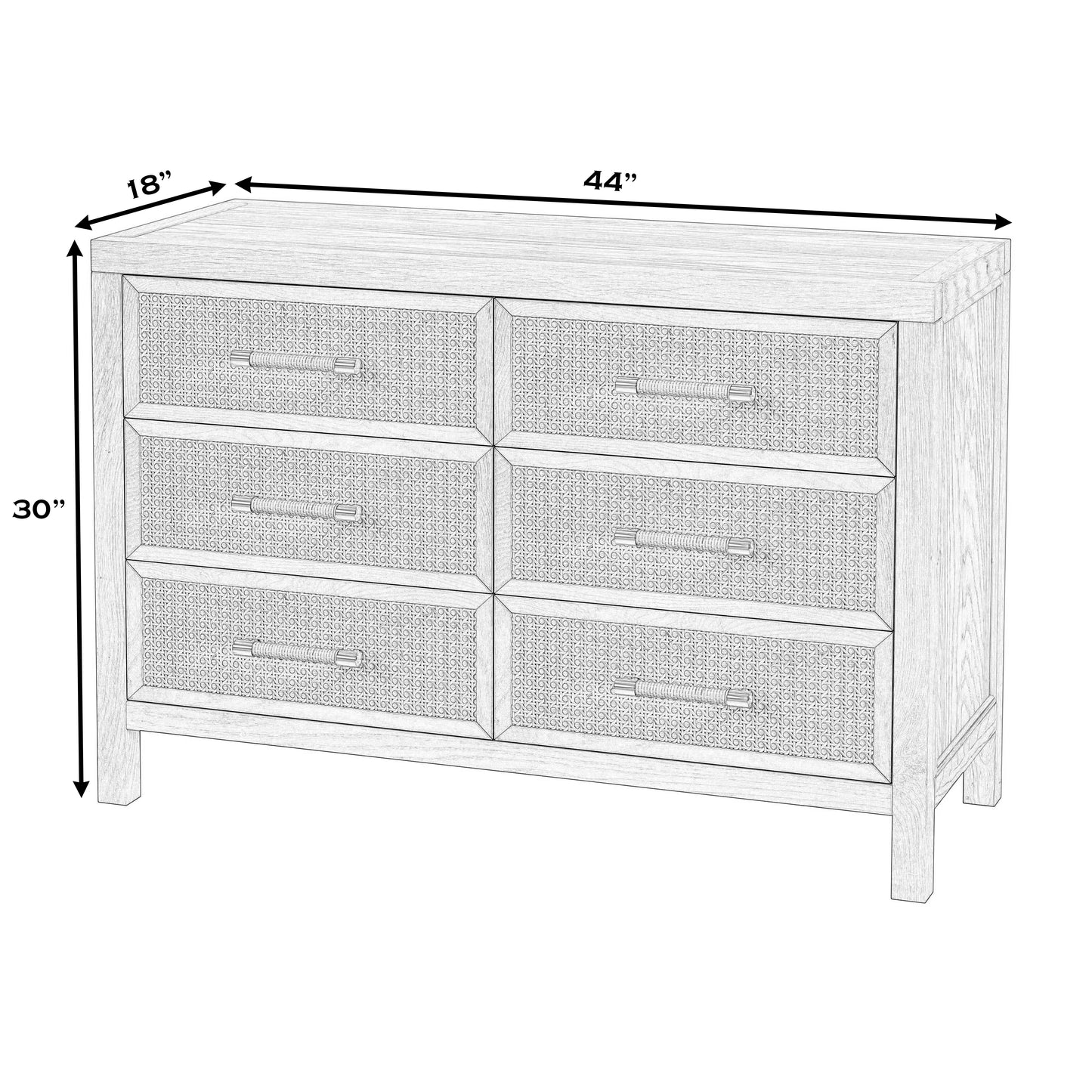 Butler Specialty Company Mesa 44 in. W Cane and Wood 6 Drawer Dresser, Natural