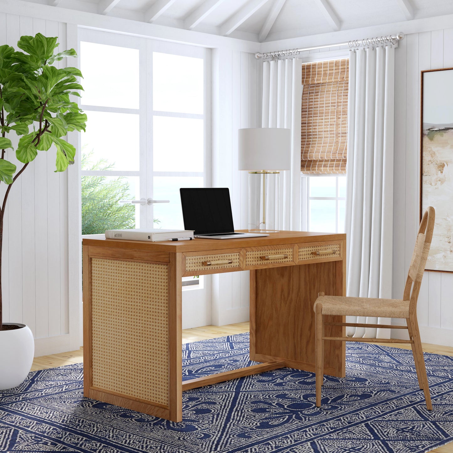Butler Specialty Company Mesa 48 in. W Rectangular Cane and Wood 3 Drawer Writing Desk, Natural