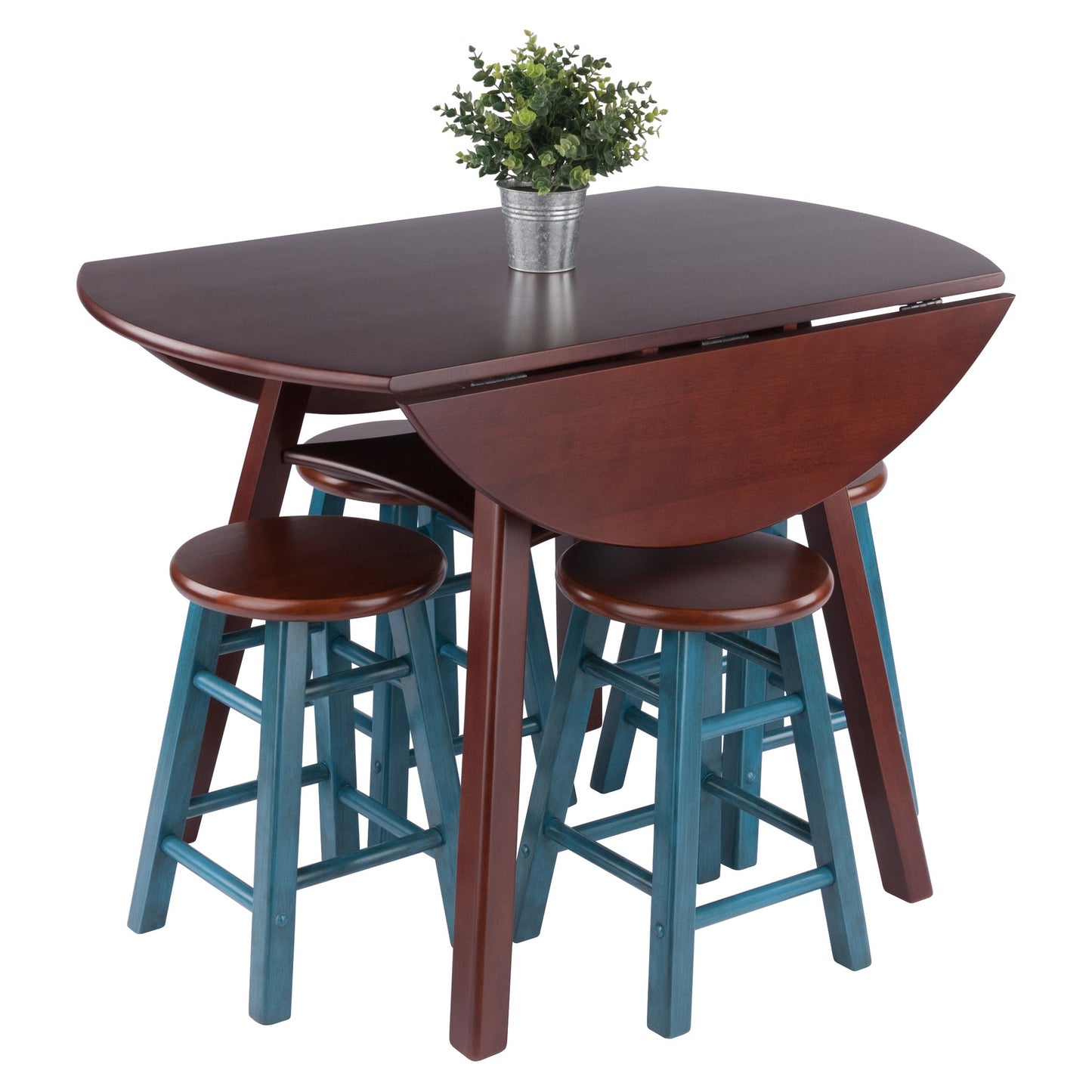 Marbelle Table 5-Pc Drop Leaf Dining Table, Walnut Finish, with 4 Element 18” Dining Stools, Walnut Rustic Teal Finish