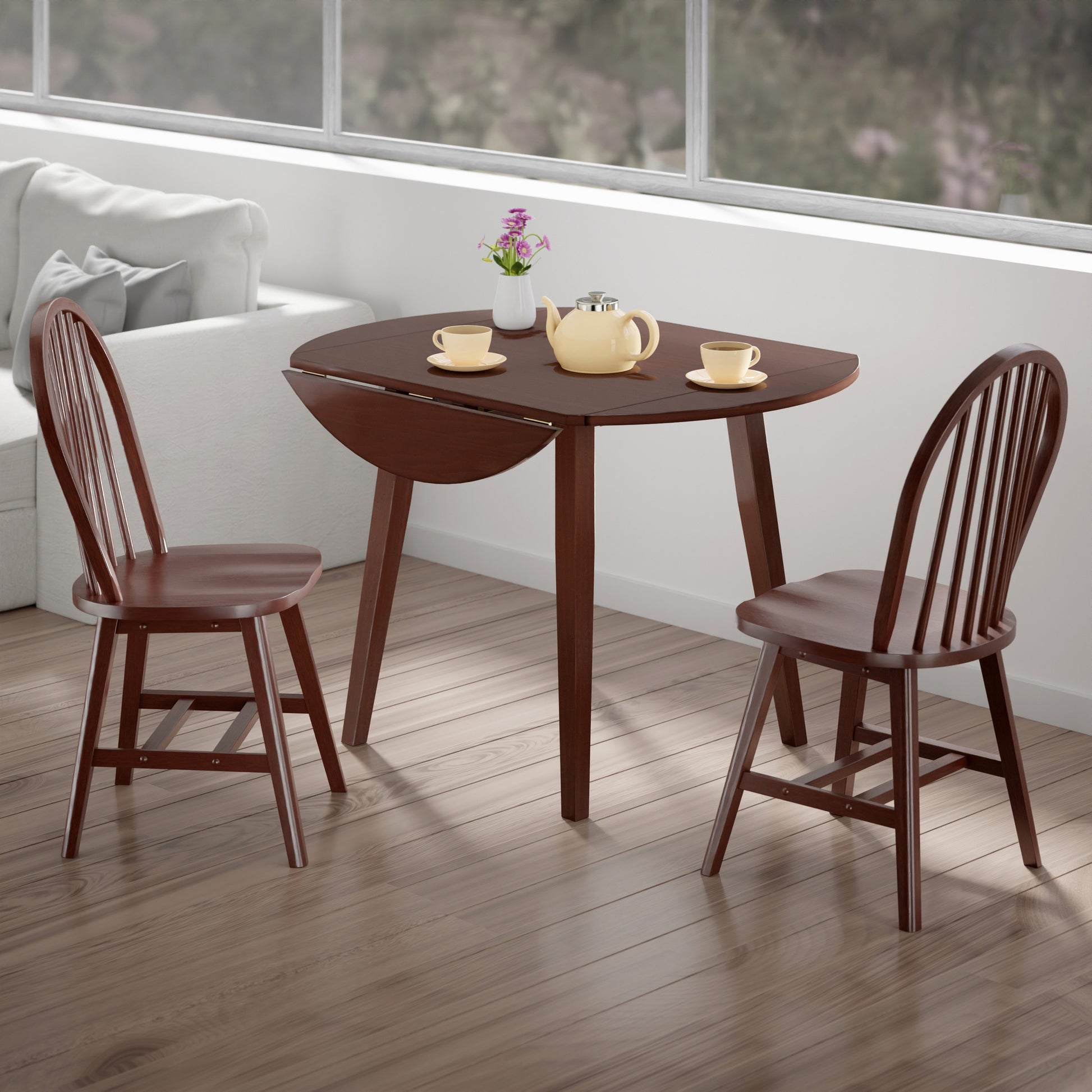 Dawson Extendable Round Dining Table with 2 Windsor Chairs, 43" Wide, Walnut