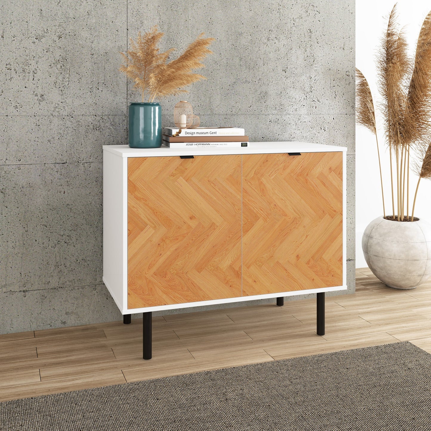 Manhattan Comfort Mid-Century Modern Liam Accent Cabinet with 2 Shelves in White and Wood AC-310AMC246