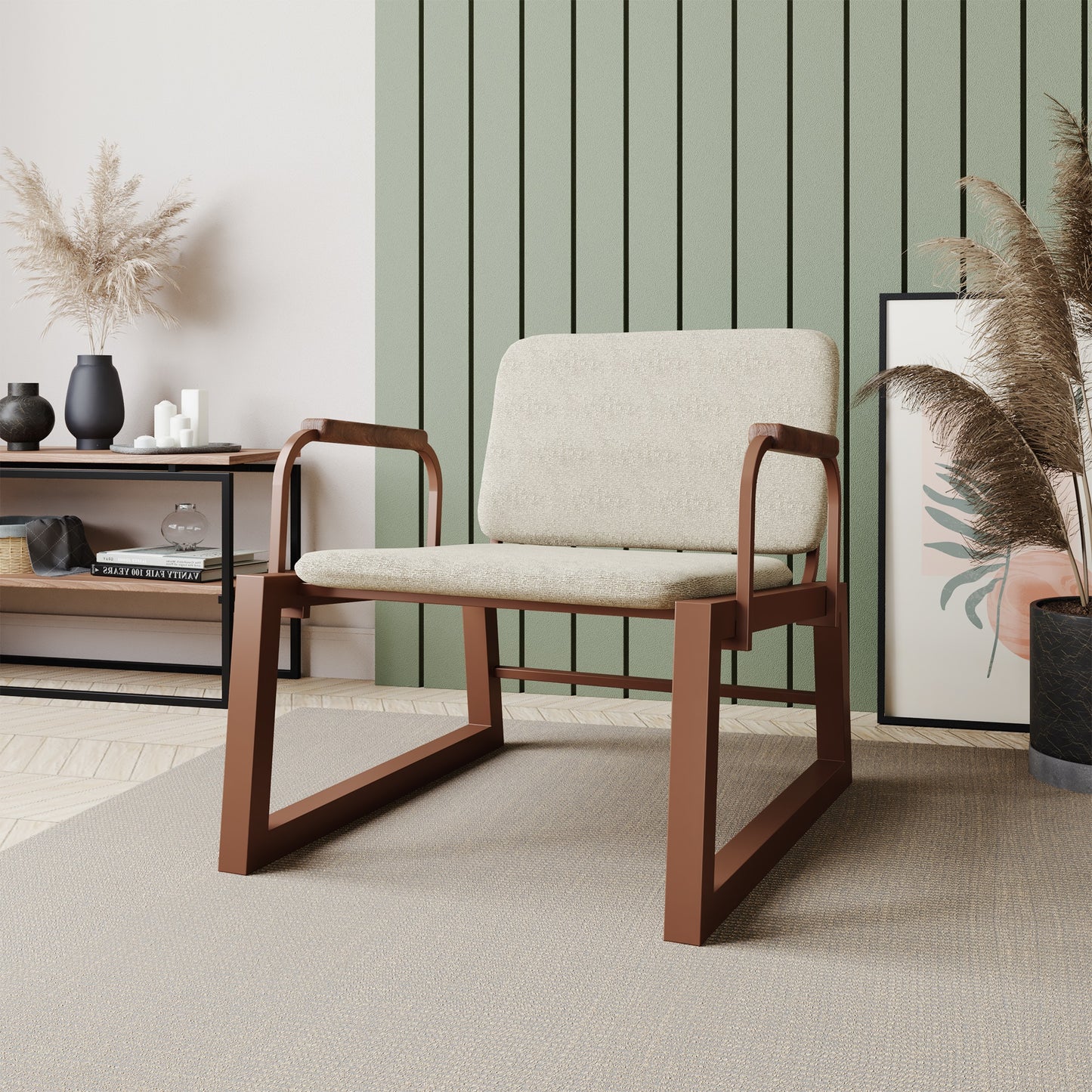 Manhattan Comfort Whythe PU Leather Low Accent Chair 1.0 in Natural Linen & Corten AC-4PZ-205