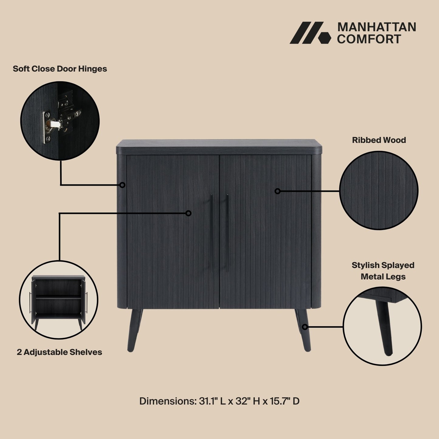 Jodie Mid-Century Modern 31" Fluted Accent Cabinet in Charcoal Gray AC001-GY