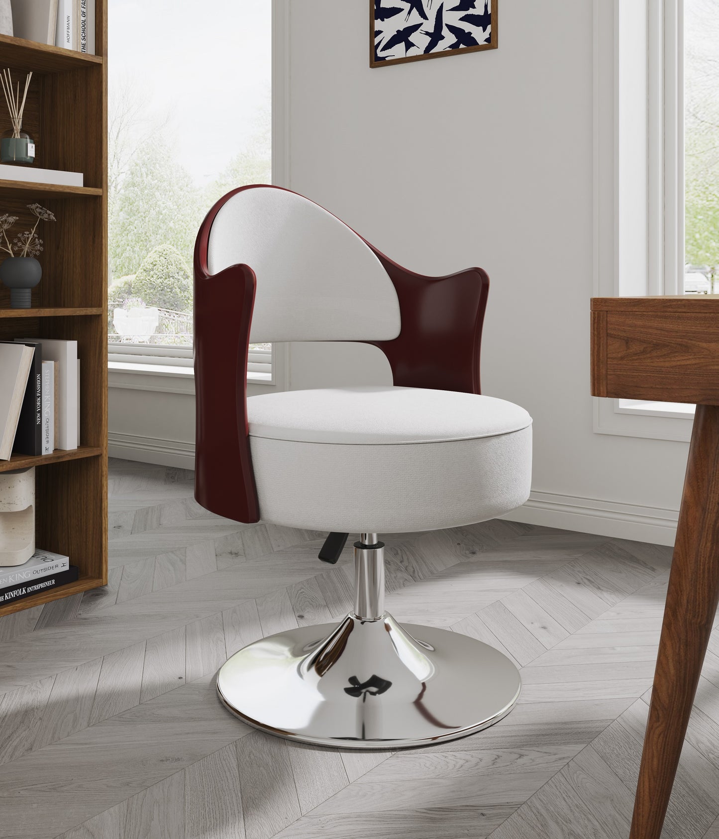 Manhattan Comfort Bopper White and Polished Chrome Faux Leather Adjustable Height Swivel Accent Chair AC033-WH