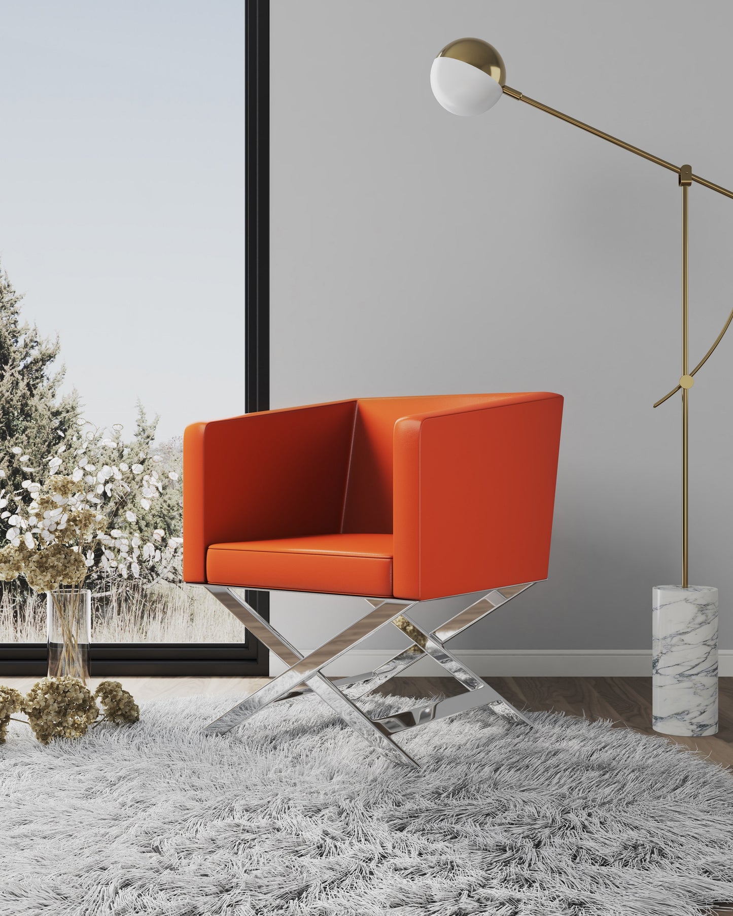 Manhattan Comfort Hollywood Orange and Polished Chrome Faux Leather Lounge Accent Chair AC050-OR