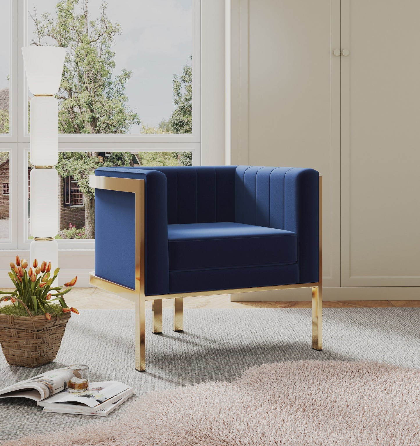Manhattan Comfort Paramount Royal Blue and Polished Brass Velvet Accent Armchair AC053-BL