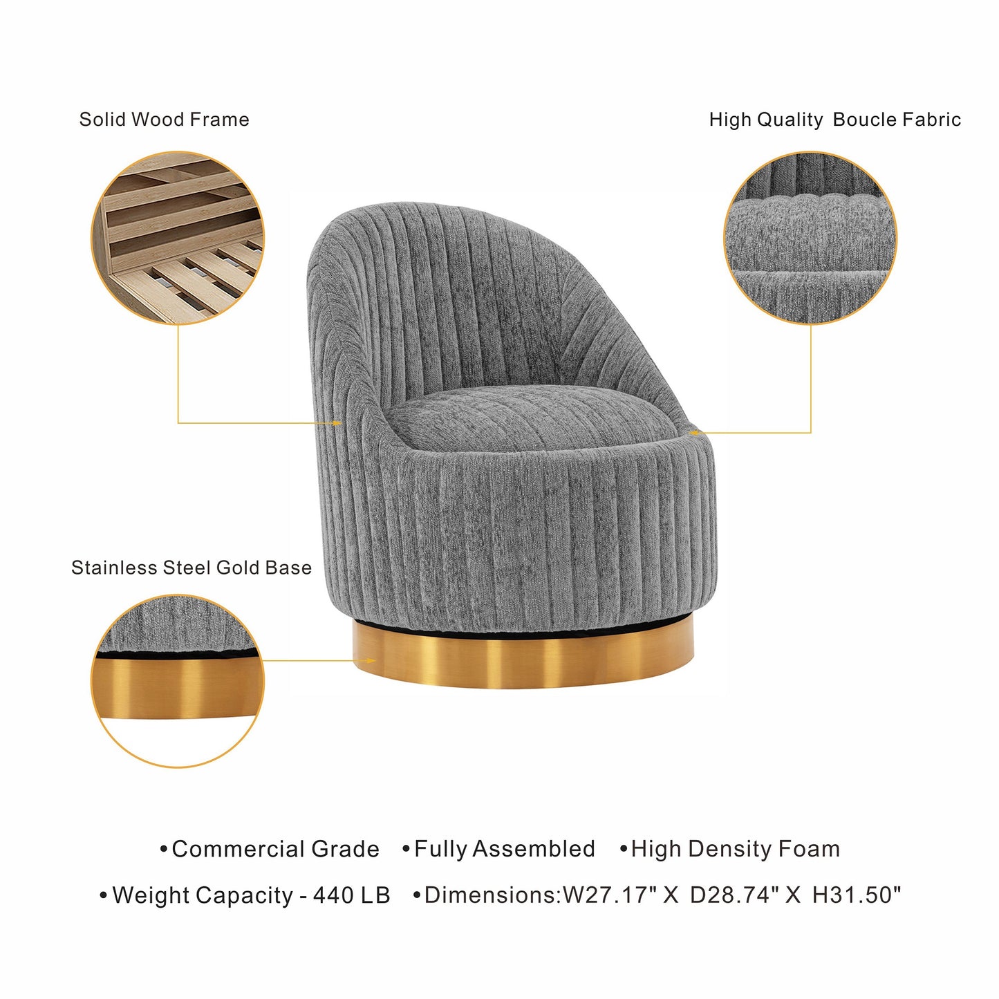 Leela Modern Chenille Swivel Lounge Chair in Gray AC058-GY