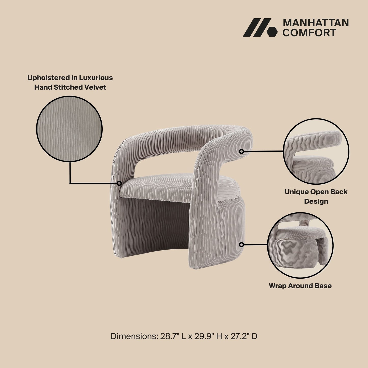 Corvette Mid-Century Modern Velvet Lounge Chair in Dove AC068-DO