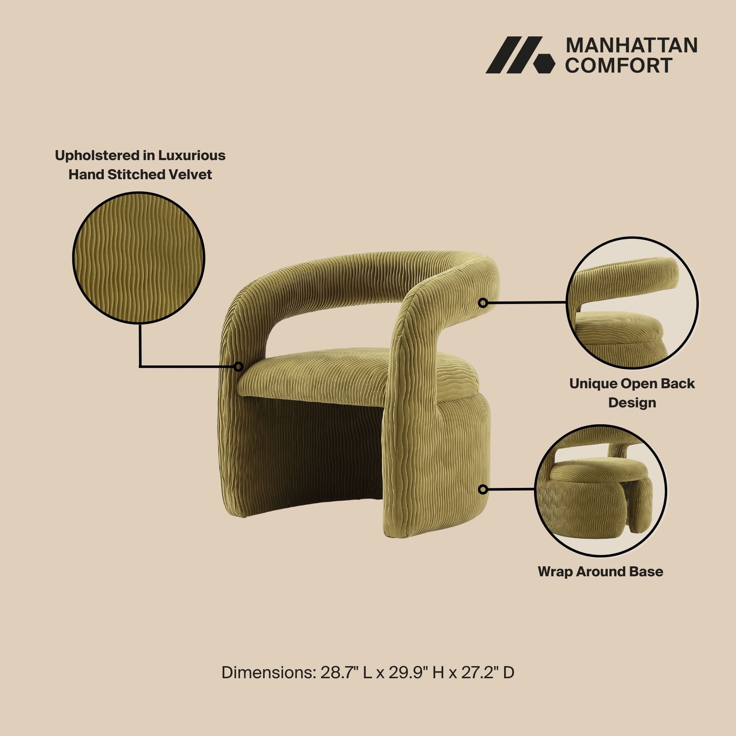 Corvette Mid-Century Modern Velvet Lounge Chair in Olive Green AC068-OG