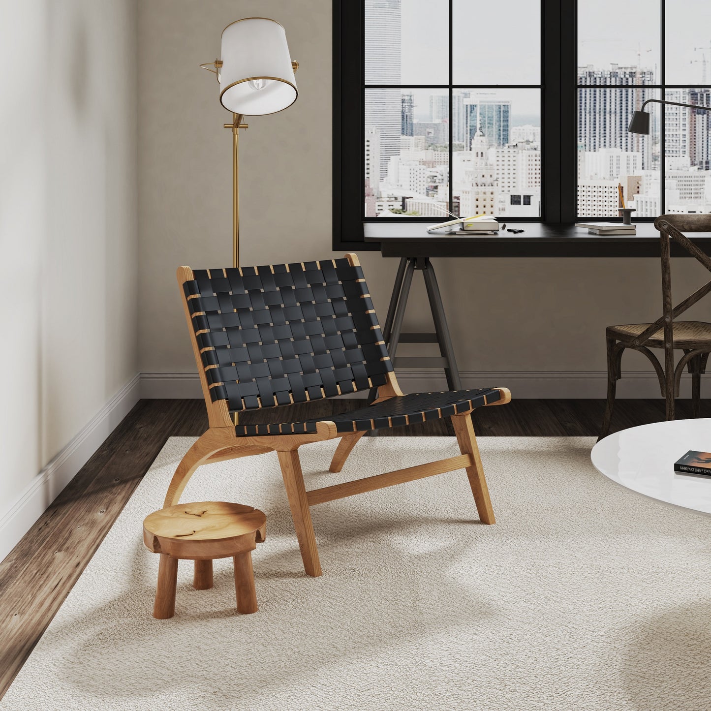 Maintenon Industry Chic Wood Vegan Leather Accent Chair in Black and Natural ACCA03-NA