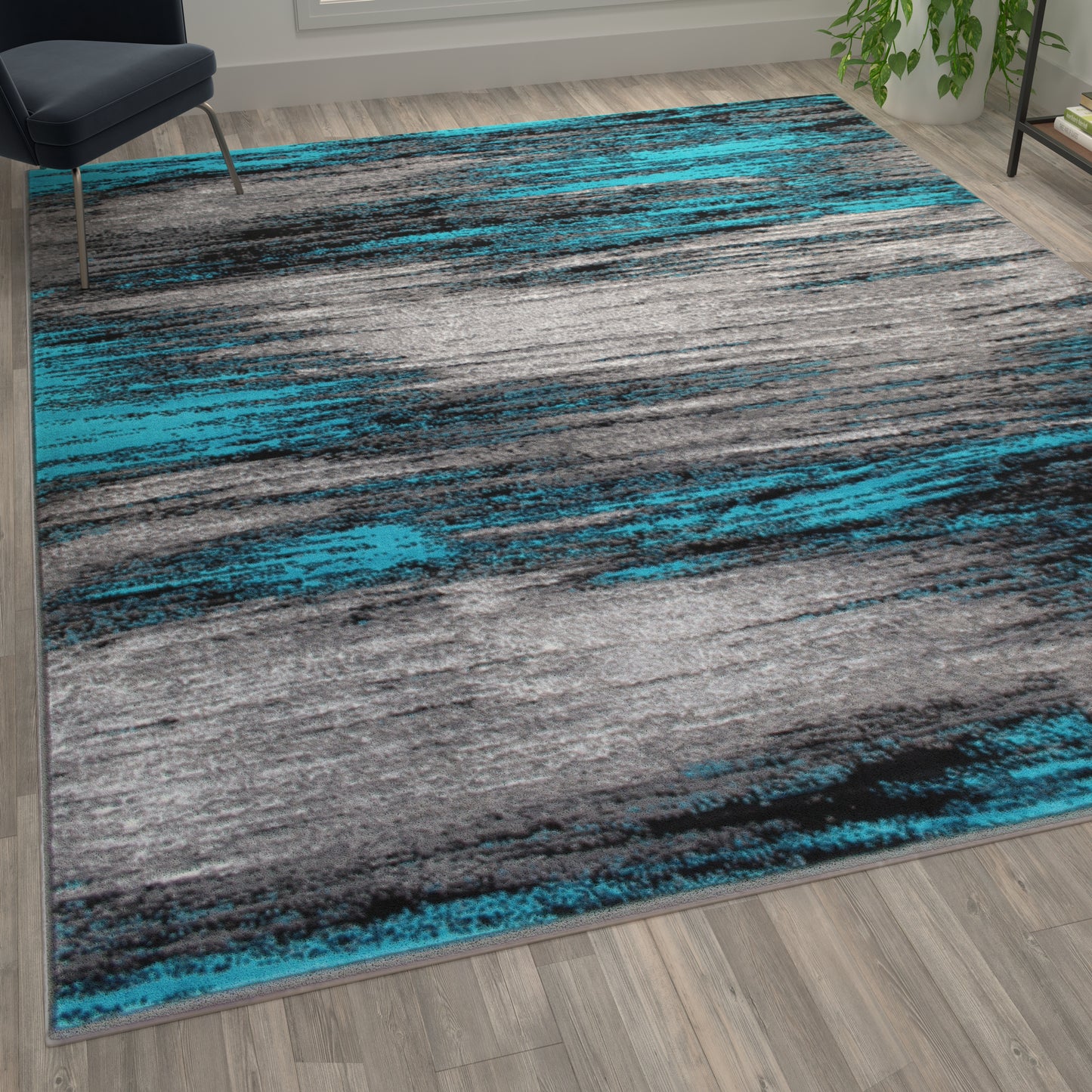 Rylan Collection 6' x 9' Turquoise Abstract Area Rug-Olefin Rug with Jute Backing for Hallway, Entryway, Bedroom, Living Room Turquoise