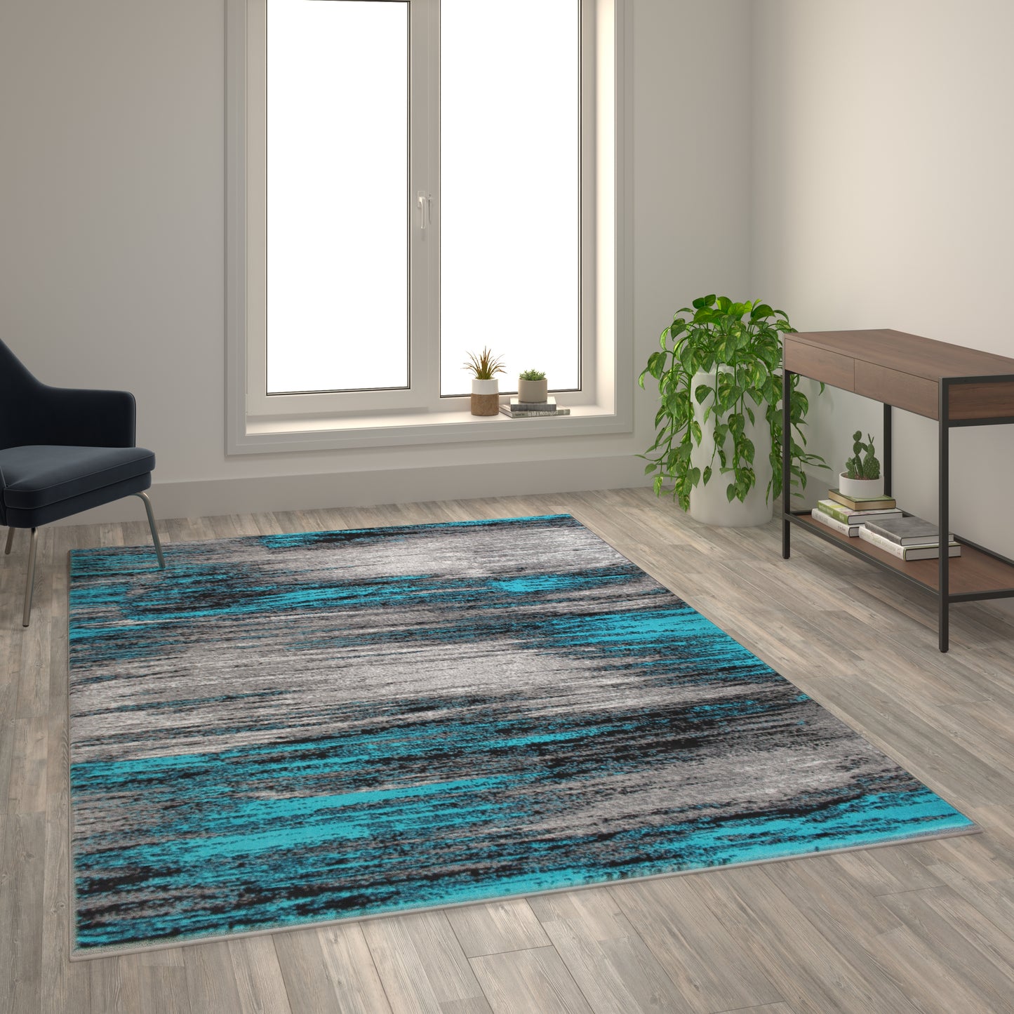 Rylan Collection 6' x 9' Turquoise Abstract Area Rug-Olefin Rug with Jute Backing for Hallway, Entryway, Bedroom, Living Room Turquoise