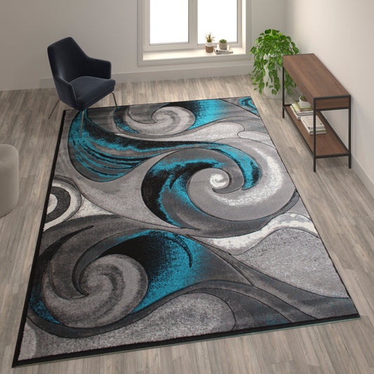 Tellus Collection 8' x 10' Olefin Turquoise Ocean Waves Pattern Area Rug with Jute Backing for Entryway, Living Room, Bedroom Turquoise
