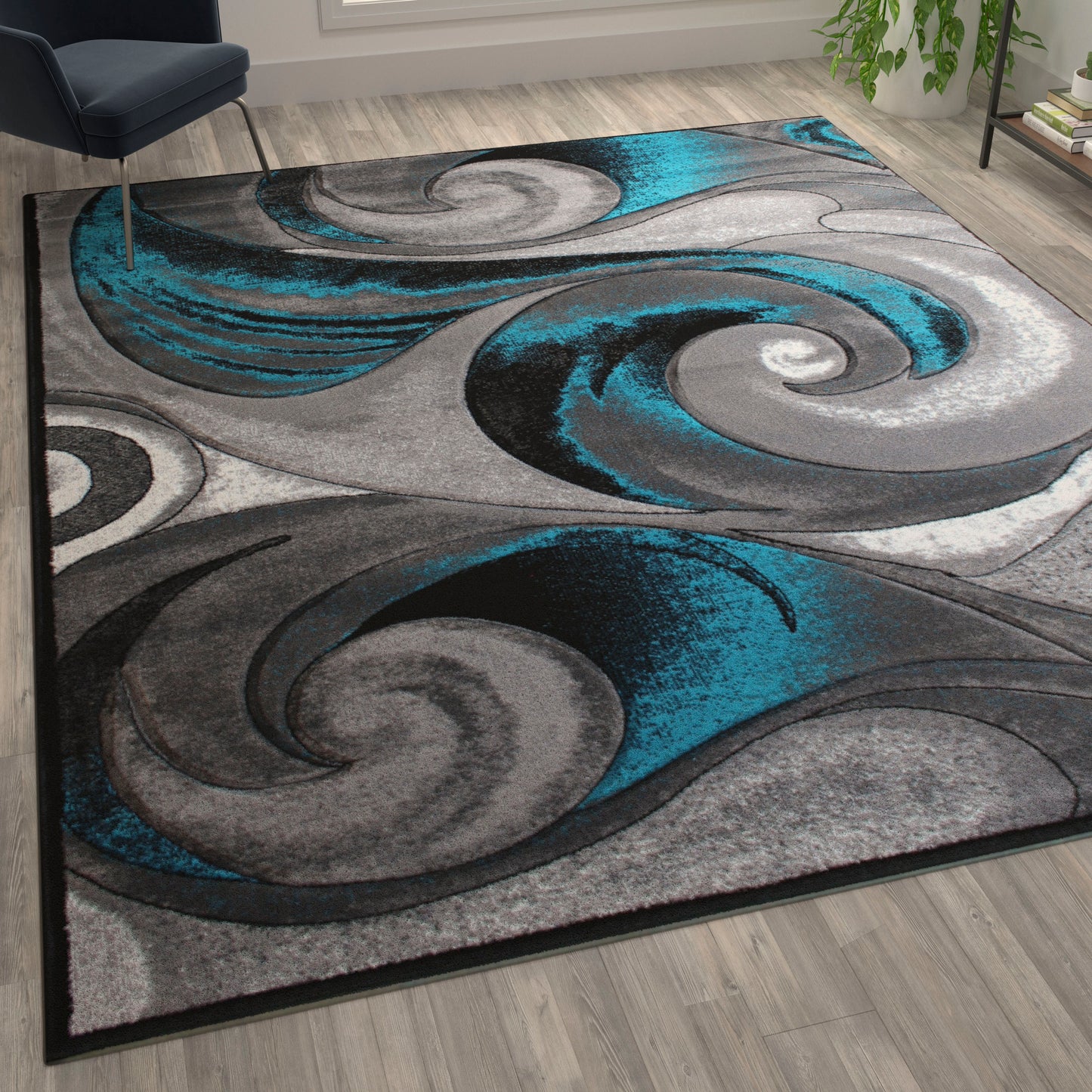 Tellus Collection 8' x 10' Olefin Turquoise Ocean Waves Pattern Area Rug with Jute Backing for Entryway, Living Room, Bedroom Turquoise