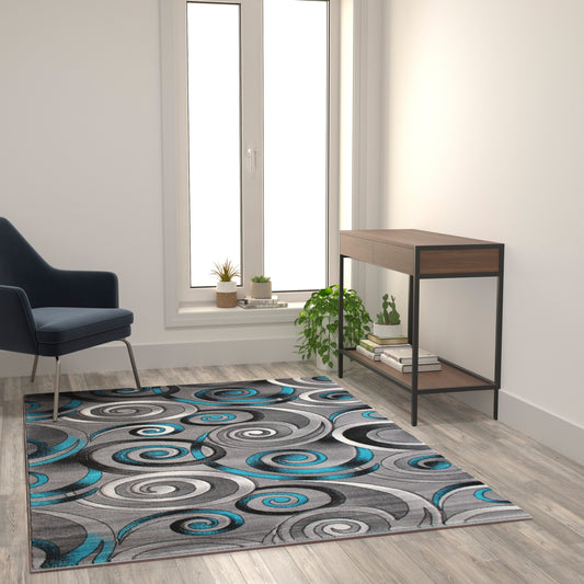 Masie Collection 5' x 7' Turquoise Swirl Olefin Area Rug with Jute Backing - Entryway, Living Room, Bedroom Turquoise