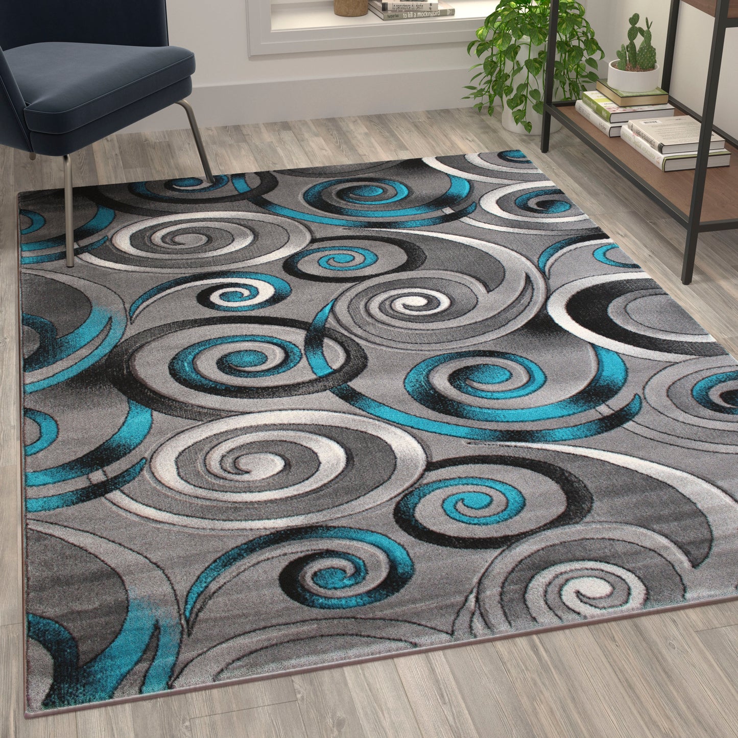 Masie Collection 5' x 7' Turquoise Swirl Olefin Area Rug with Jute Backing - Entryway, Living Room, Bedroom Turquoise