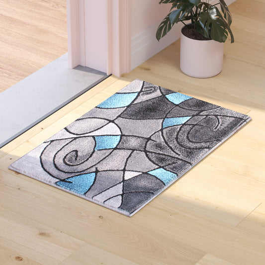 Jubilee Collection 2' x 3' Blue Abstract Pattern Area Rug - Olefin Rug with Jute Backing for Hallway, Entryway, or Bedroom Blue
