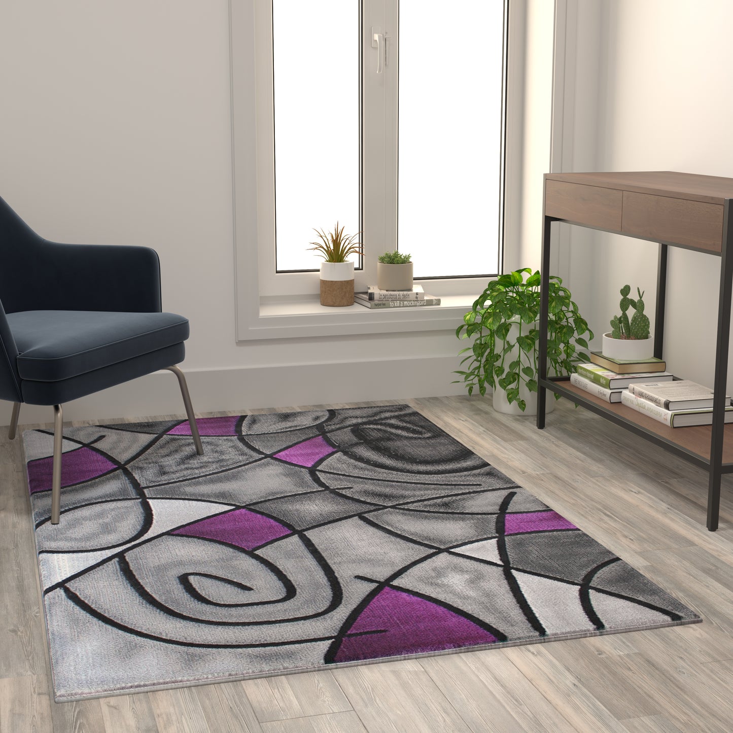 Jubilee Collection 3' x 5' Purple Abstract Area Rug - Olefin Rug with Jute Backing - Living Room, Bedroom, & Family Room Purple