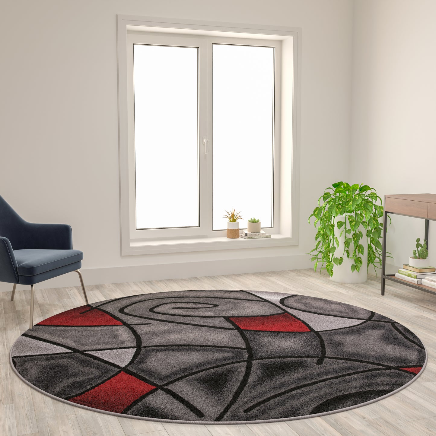 Jubilee Collection 7' x 7' Round Red Abstract Area Rug - Olefin Rug with Jute Backing - Living Room, Bedroom, Family Room Blue