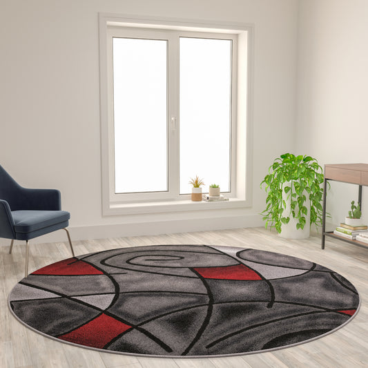 Jubilee Collection 7' x 7' Round Red Abstract Area Rug - Olefin Rug with Jute Backing - Living Room, Bedroom, Family Room Blue
