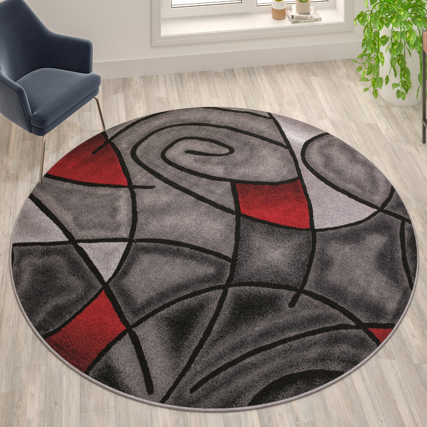 Jubilee Collection 7' x 7' Round Red Abstract Area Rug - Olefin Rug with Jute Backing - Living Room, Bedroom, Family Room Blue
