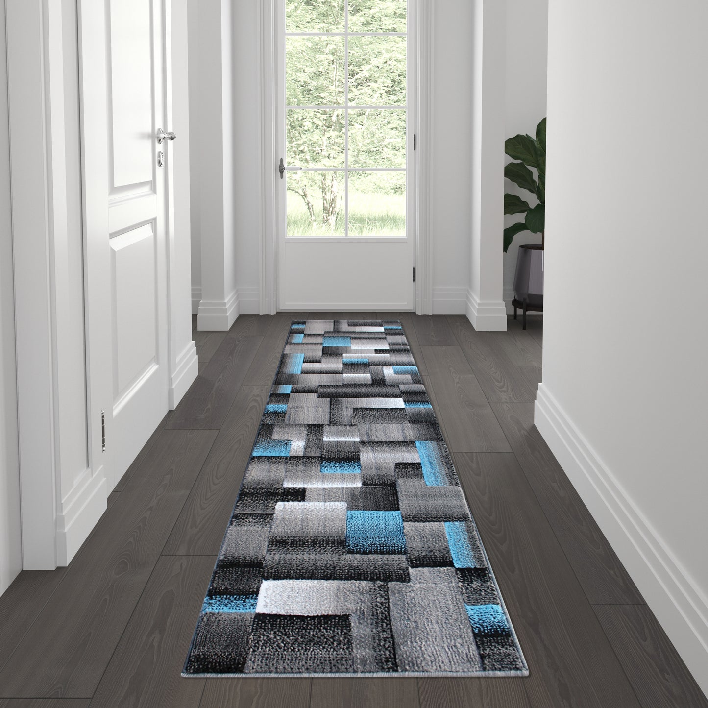Elio Collection 2' x 7' Blue Color Blocked Area Rug - Olefin Rug with Jute Backing - Entryway, Living Room, or Bedroom Blue