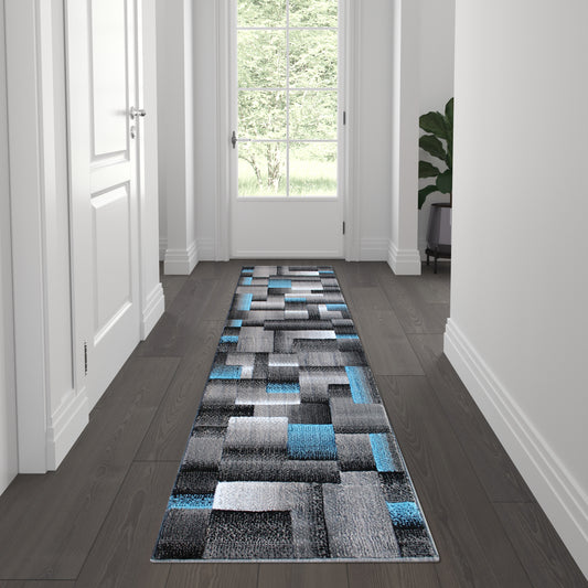 Elio Collection 2' x 7' Blue Color Blocked Area Rug - Olefin Rug with Jute Backing - Entryway, Living Room, or Bedroom Blue