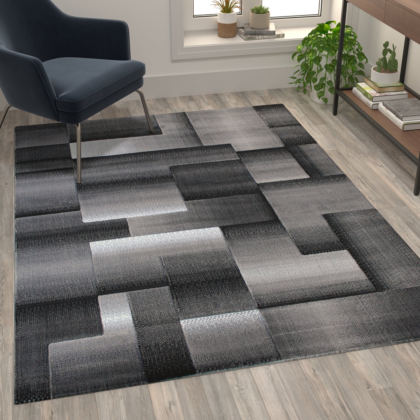 Elio Collection 5' x 7' Gray Color Blocked Area Rug - Olefin Rug with Jute Backing - Entryway, Living Room, or Bedroom Grey