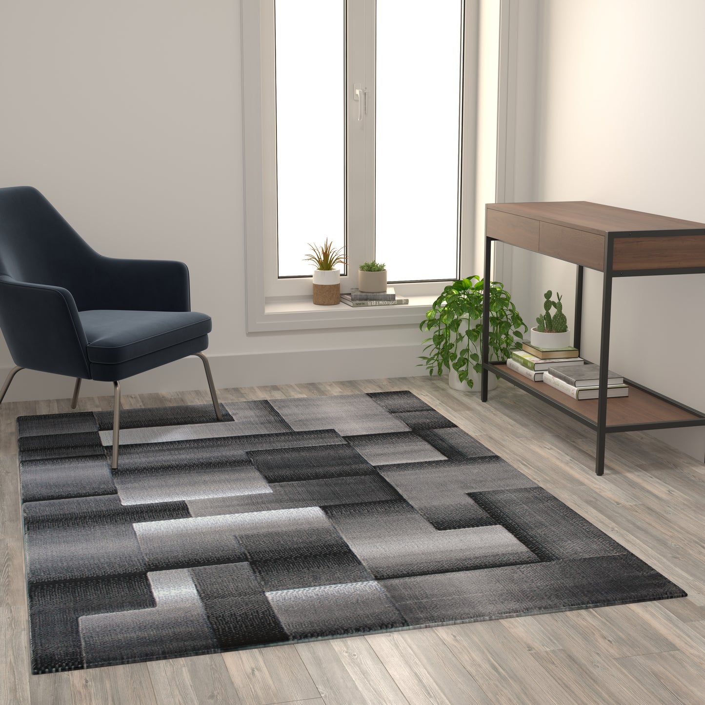 Elio Collection 5' x 7' Gray Color Blocked Area Rug - Olefin Rug with Jute Backing - Entryway, Living Room, or Bedroom Grey