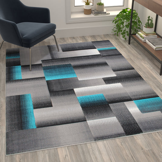 Elio Collection 5' x 7' Turquoise Color Blocked Area Rug - Olefin Rug with Jute Backing - Entryway, Living Room, or Bedroom Turquoise
