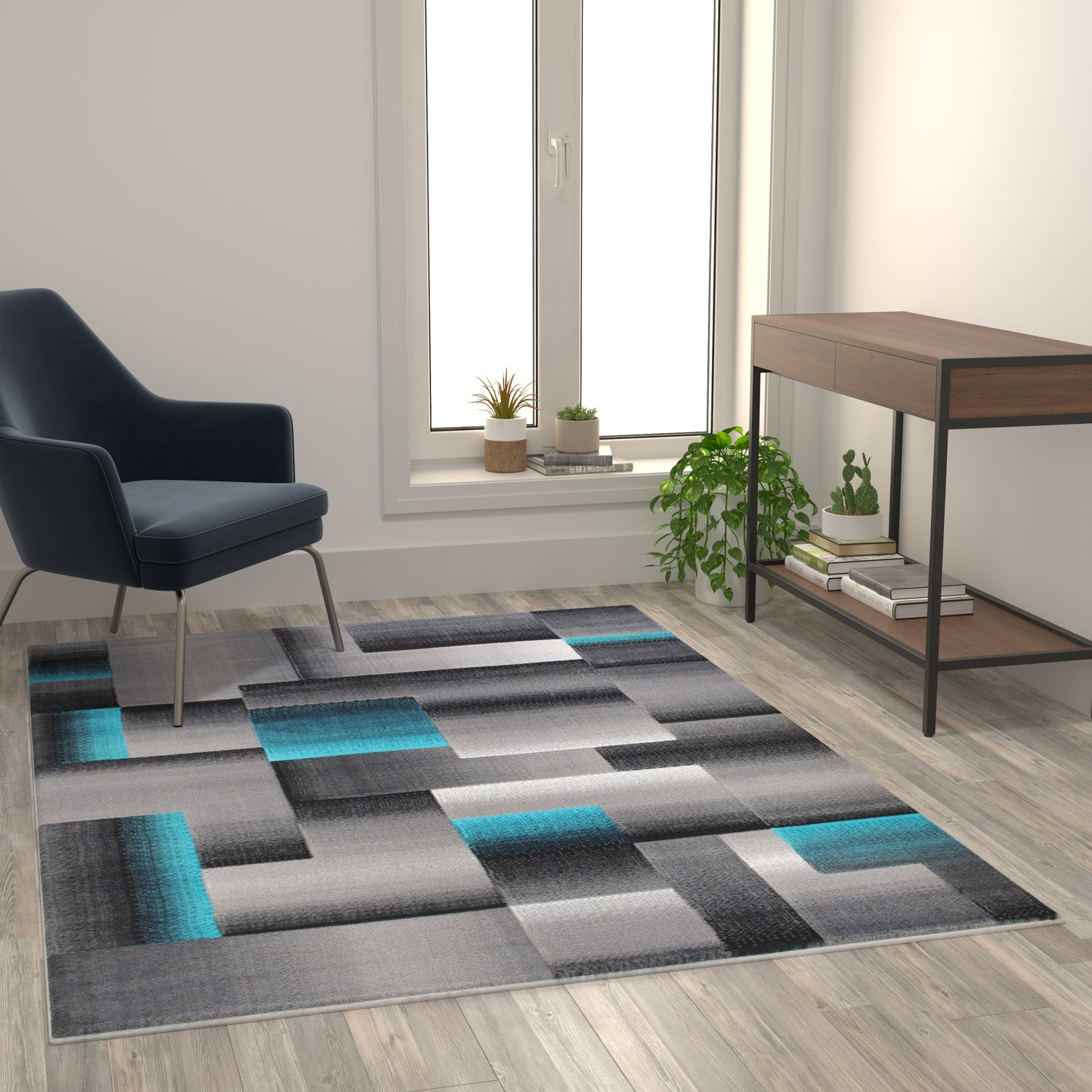 Elio Collection 5' x 7' Turquoise Color Blocked Area Rug - Olefin Rug with Jute Backing - Entryway, Living Room, or Bedroom Turquoise