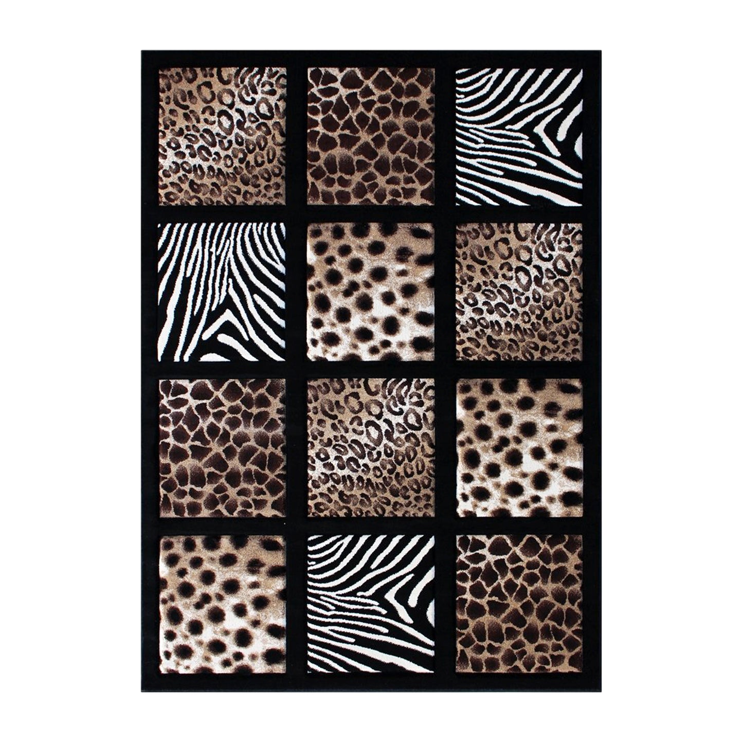 Menagerie Collection 5' x 7' Modern Animal Print Olefin Area Rug with Cheetah, Leopard, Zebra and Giraffe Design Raised Squares Black