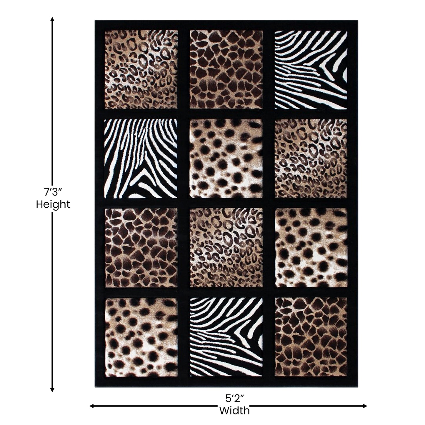 Menagerie Collection 5' x 7' Modern Animal Print Olefin Area Rug with Cheetah, Leopard, Zebra and Giraffe Design Raised Squares Black